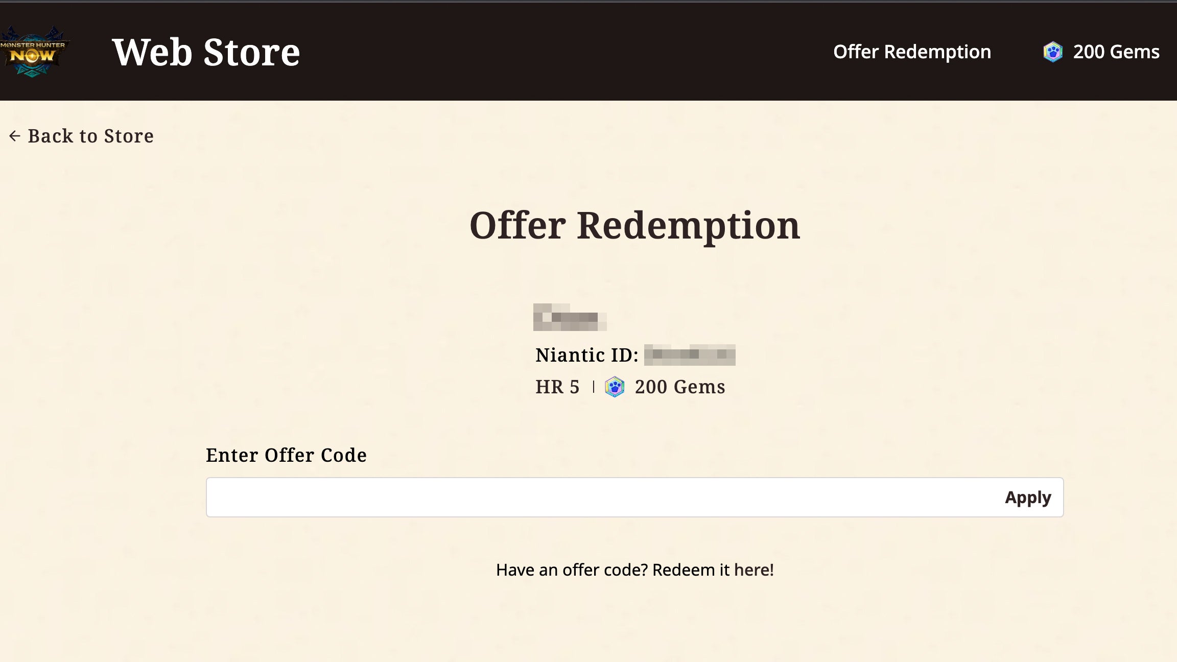 Website used to redeem Monster Hunter Now codes, with an arrow pointing at the textbox used to type in codes.