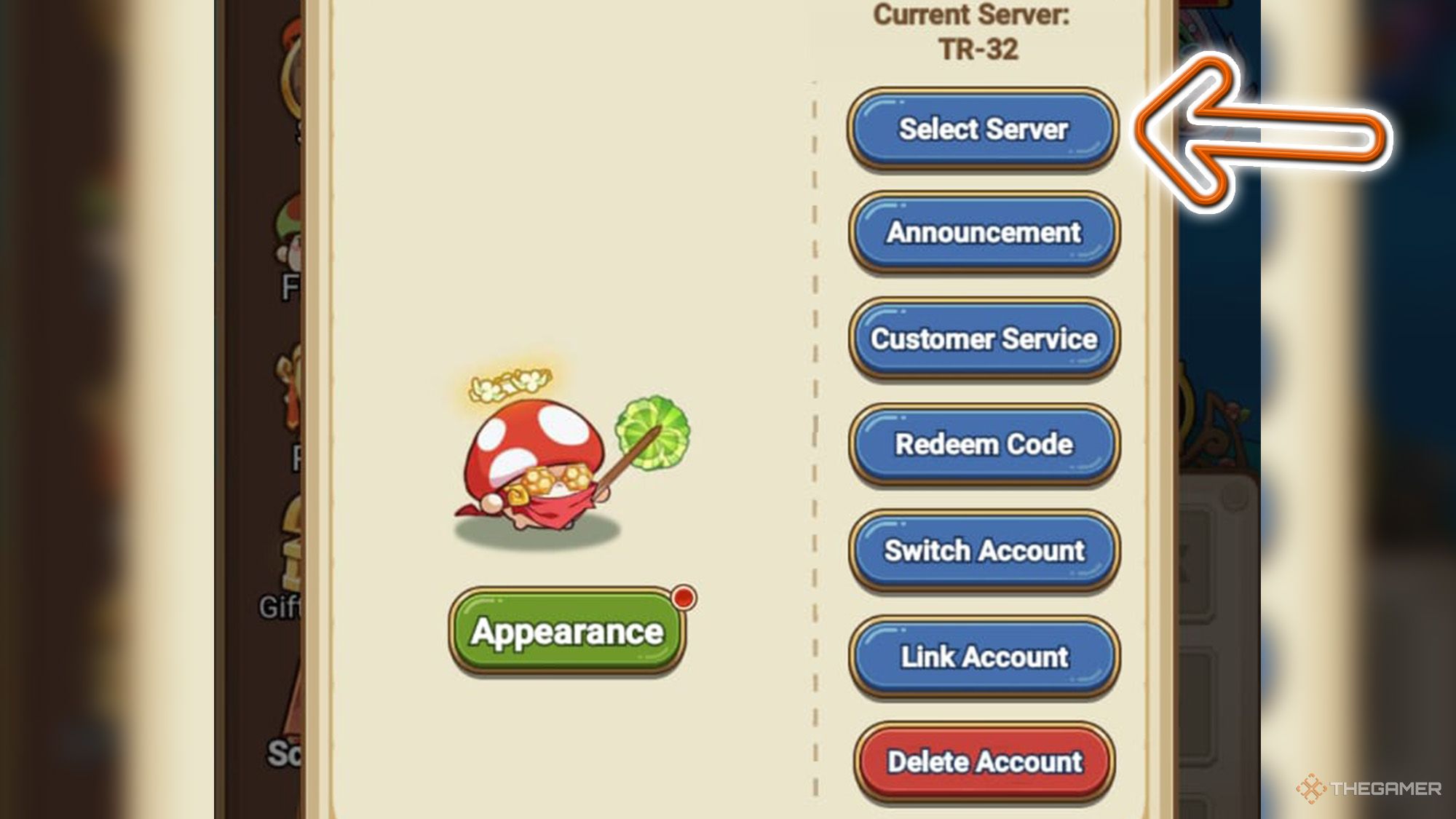 Legend of Mushroom - Arrow displays Select Server button