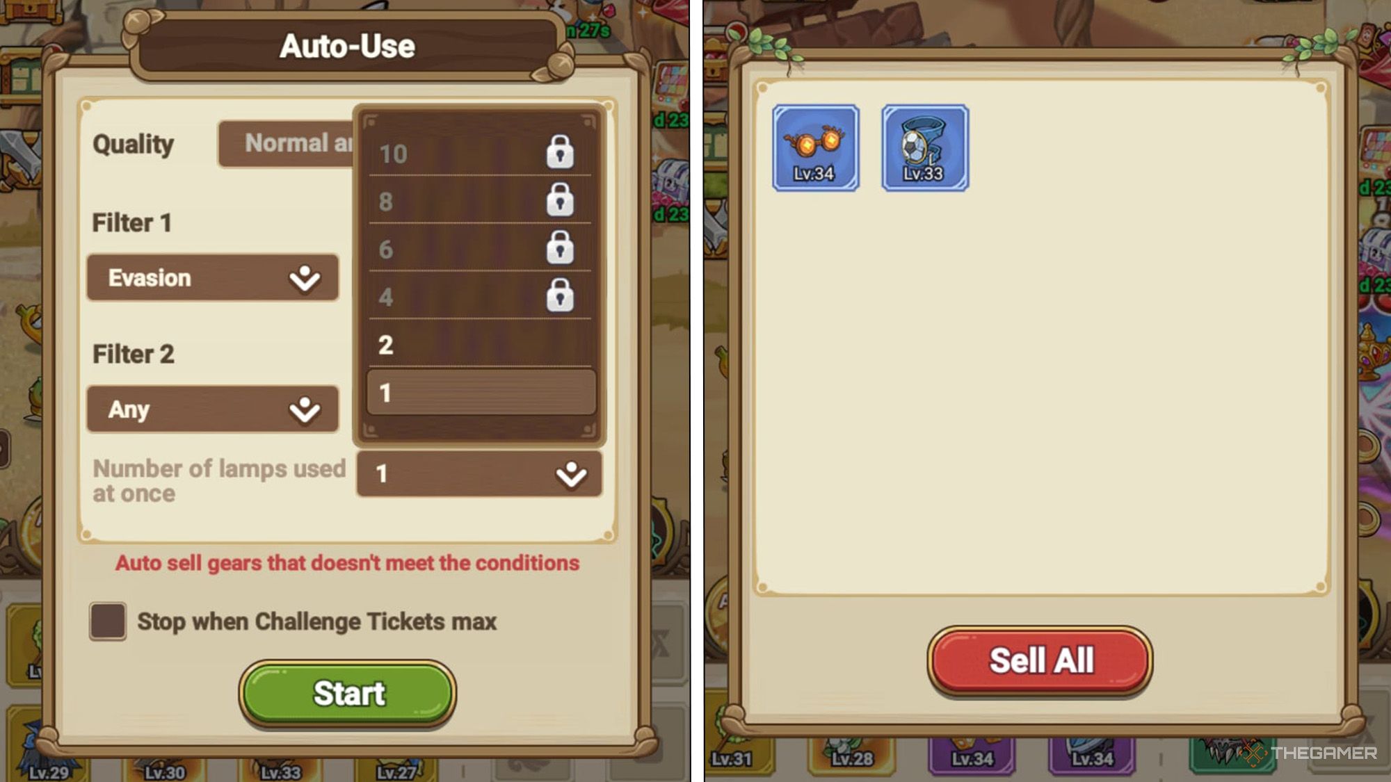 Legend of Mushroom - Auto Use filter displays lamp usage limit on left side and gained items on right side