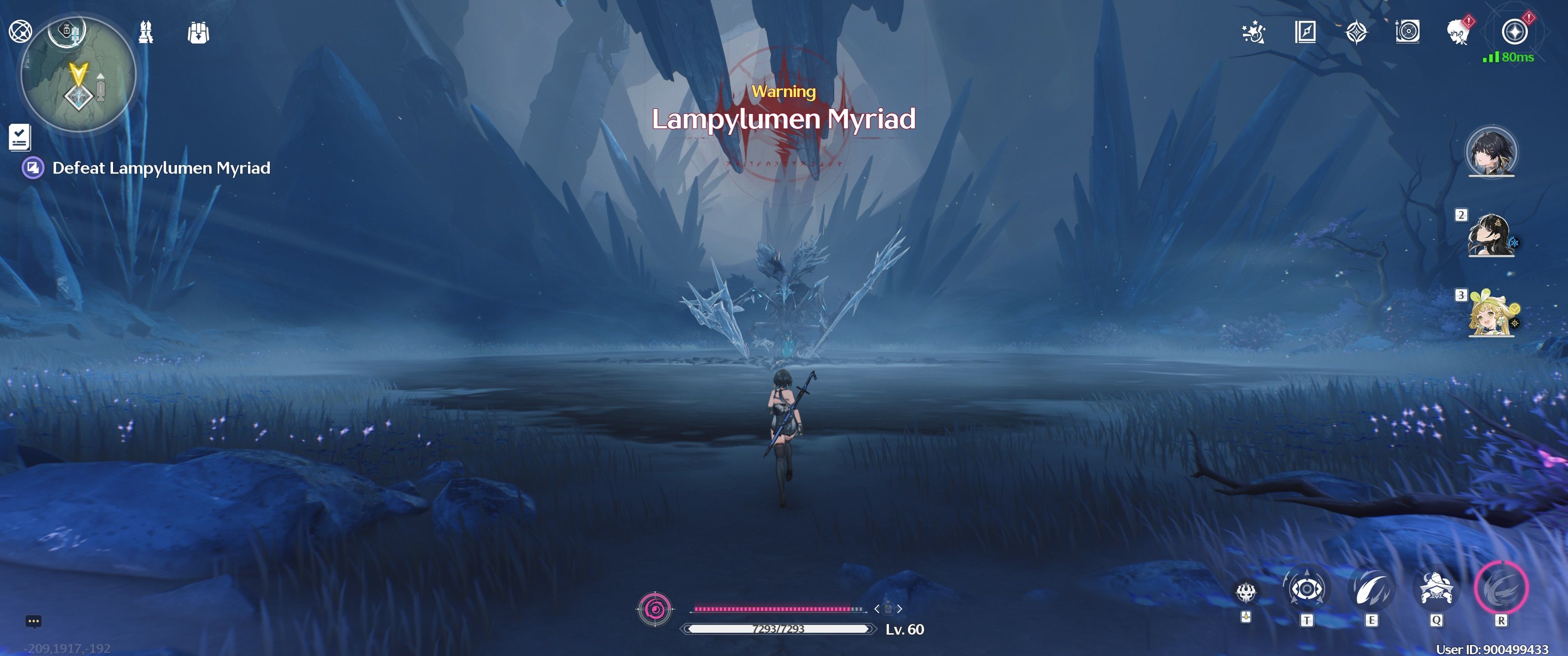 Rover running towards the Lampylumen Myraid world boss in Wuthering Waves 