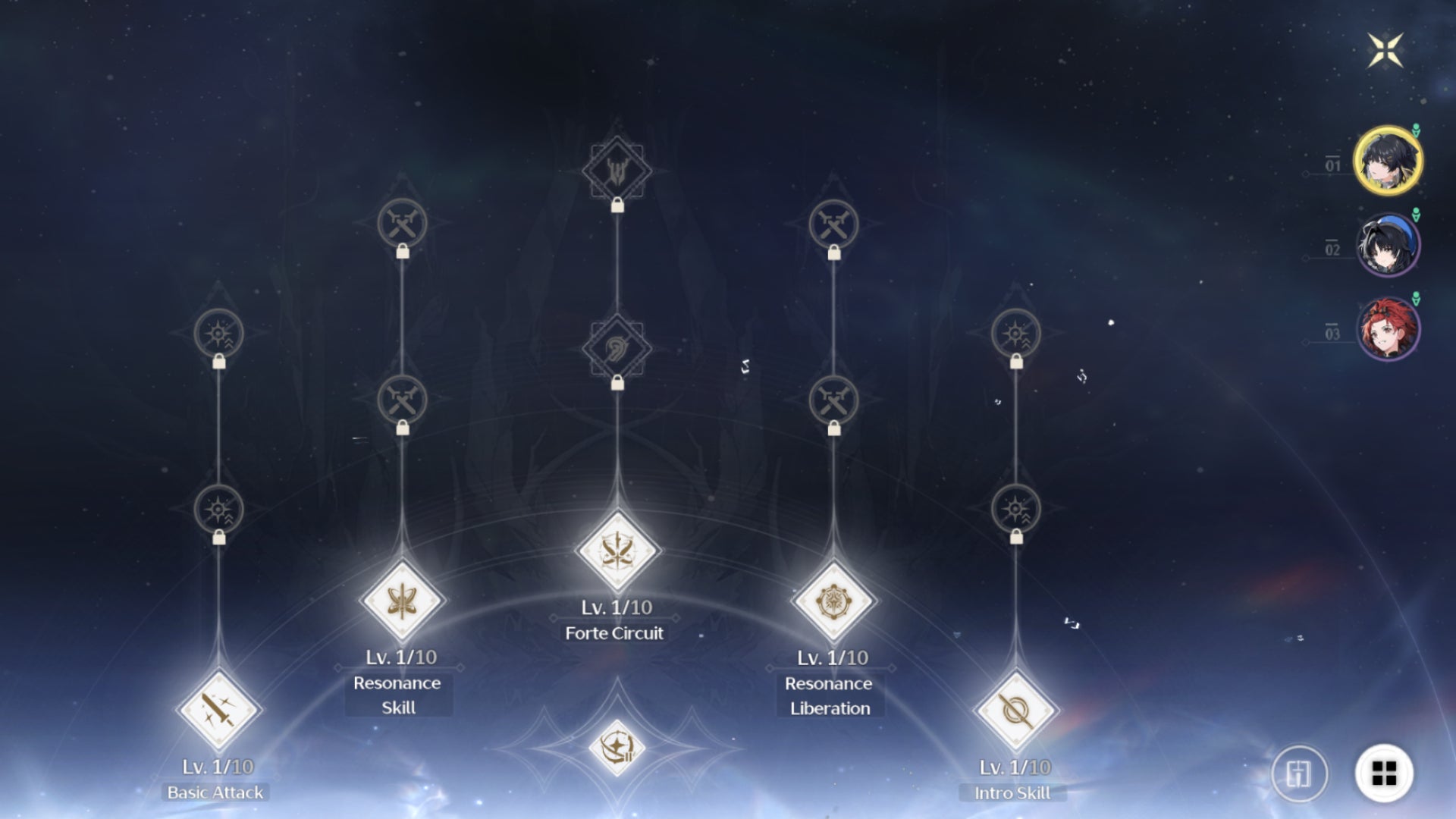 The Forte Menu in Wuthering Waves' Resonator settings showing the skill tree of all the Resonator’s abilities.